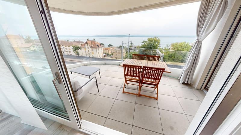 glass doors, white chairs, dining table, side table, tiled floor, scenic view