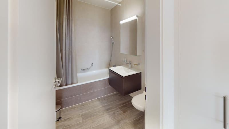 Bathroom with bathtub, shower, sink, toilet, mirror, illuminated mirror, wall tiles, floor tiles
