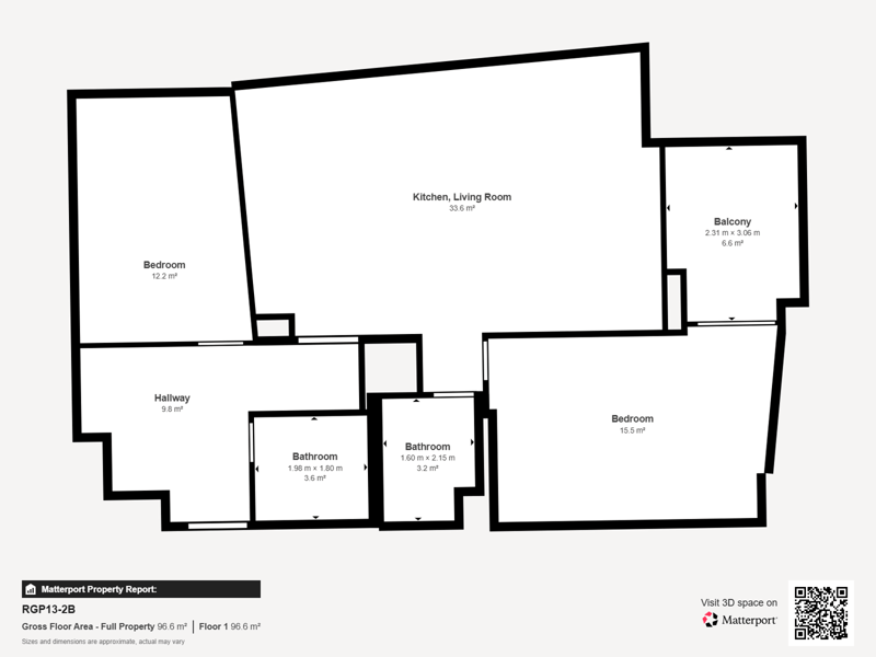 Kitchen, living room, bedroom, hallway, bathroom, bedroom, bathroom, balcony