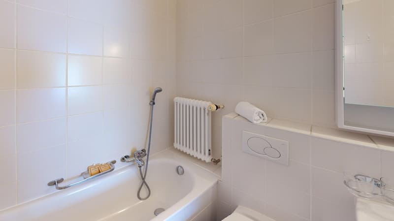 white tiled walls, bathtub, shower head, white radiator, white toilet, white sink, mirror, towel rack