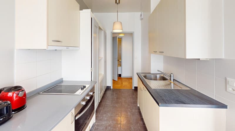 modern kitchen, white cabinets, gray countertops, induction stove, oven, sink, dishwasher, appliances