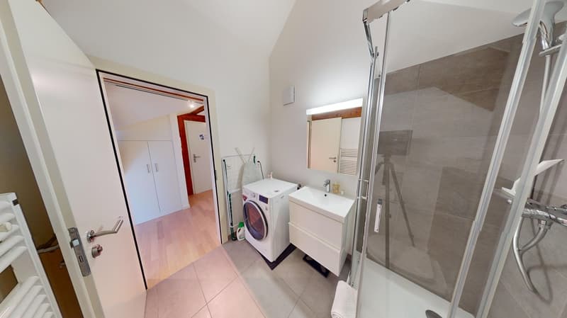 white tiled floor, white walls, white washing machine, white sink, shower, mirror, wooden floor