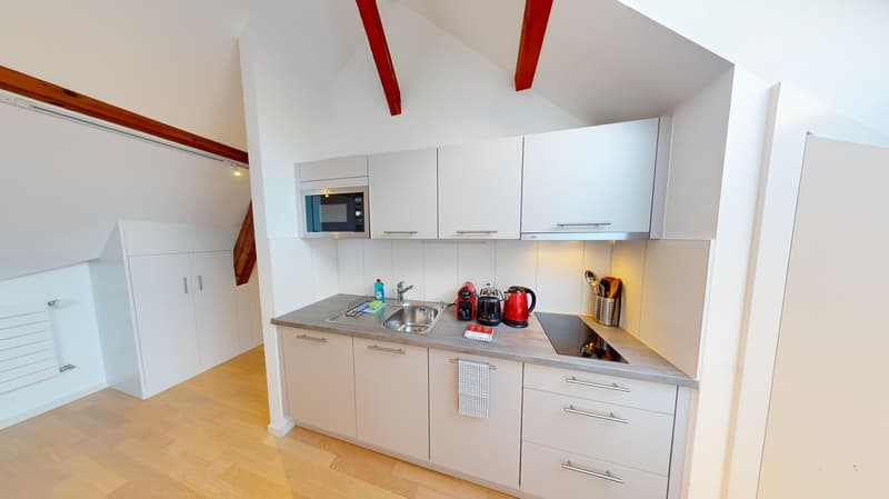 Modern kitchen with white cabinets, stainless steel appliances including a dishwasher, and a sink with a faucet. The kitchen has a clean and minimalist design.
