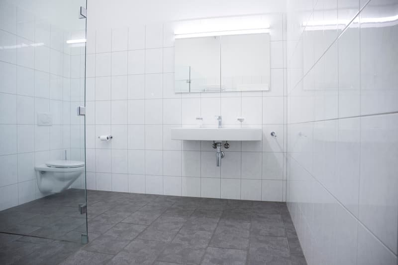 Spacious bathroom with white tiled walls, gray tile flooring, a wall-mounted sink, and a toilet. There is a large mirror above the sink and a glass shower enclosure.