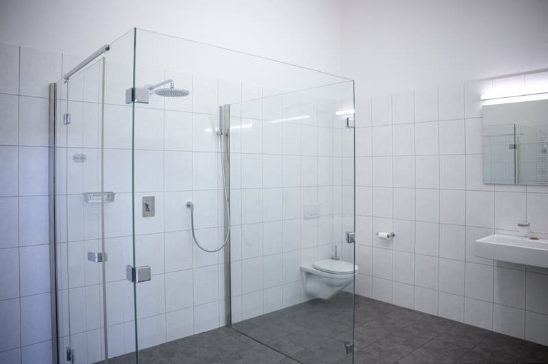 Large, modern bathroom with glass shower enclosure, tiled walls and floor, toilet, and vanity sink