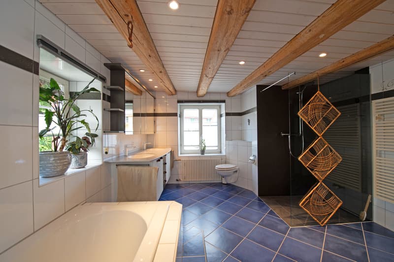10. Badezimmer - Einfamilienhaus, Bauernhaus, 8 Zimmer, freistehend, restauriert, familienfreundlich, Parkett, Stellplätze, Estrich, Scheune, Ausbaupotenzial, kaufen, verkaufen, Immobilienmakler, FEHR Immopartner AG, Homburg, Frauenfeld, Thurgau