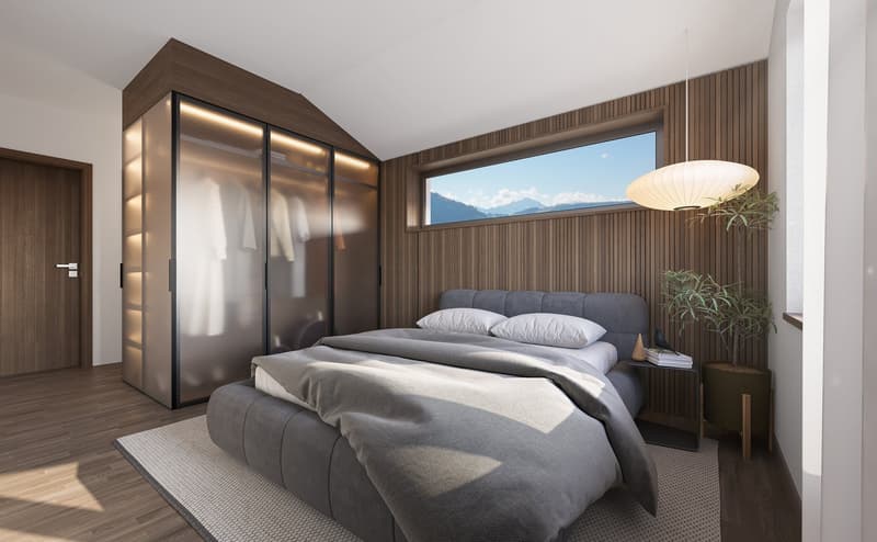 Spacious bedroom with large windows offering a scenic mountain view, wooden paneled walls, built-in wardrobe, and a comfortable grey upholstered bed with bedside tables.