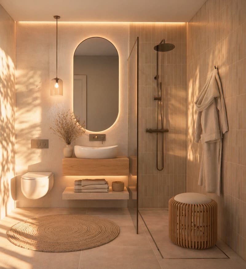 modern bathroom with white sink, mirror, shower, toilet, wooden shelf, round rug, wooden stool, towel