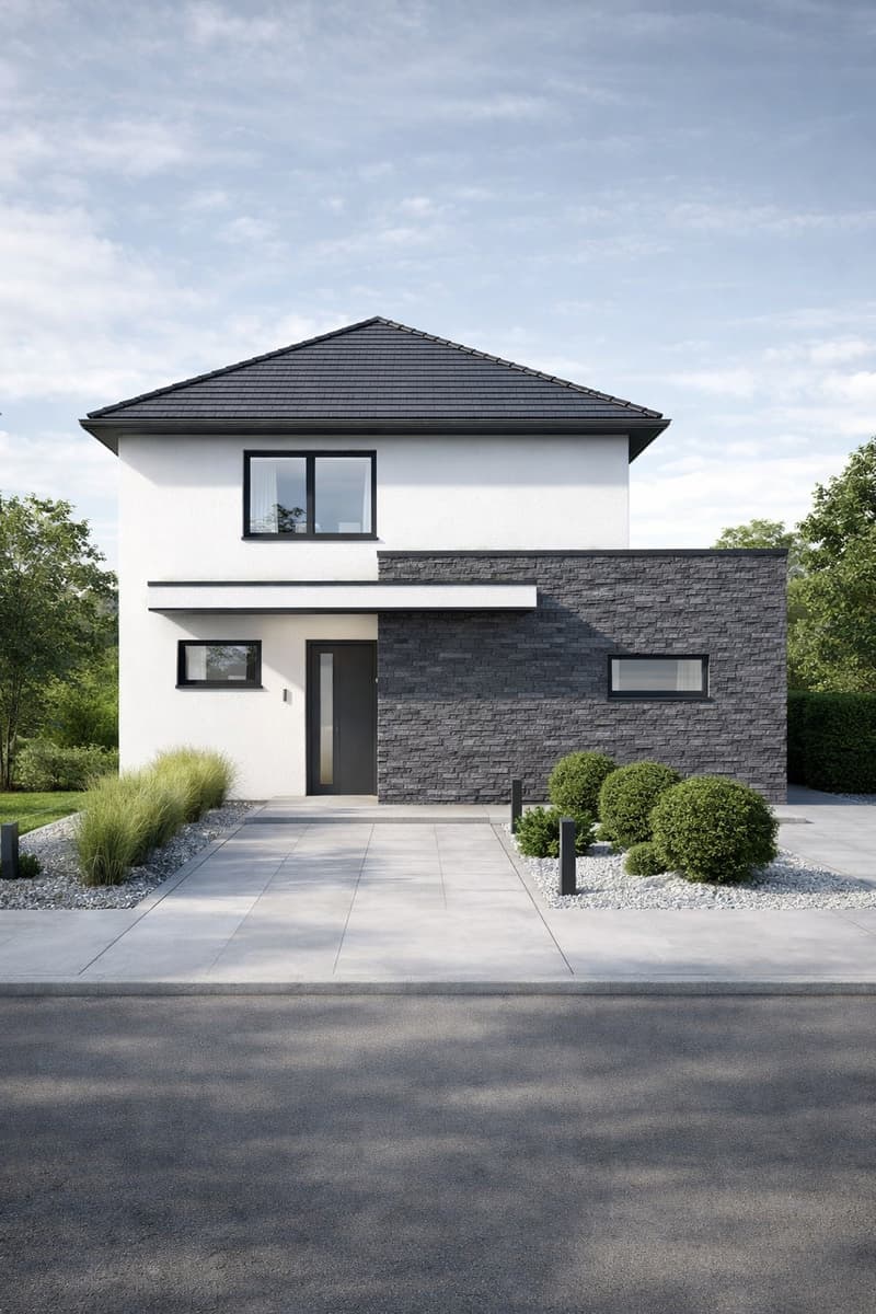 modern house, white walls, gray roofing, gray stone wall, gray paved driveway, bushes, paved walkway, modern landscaping