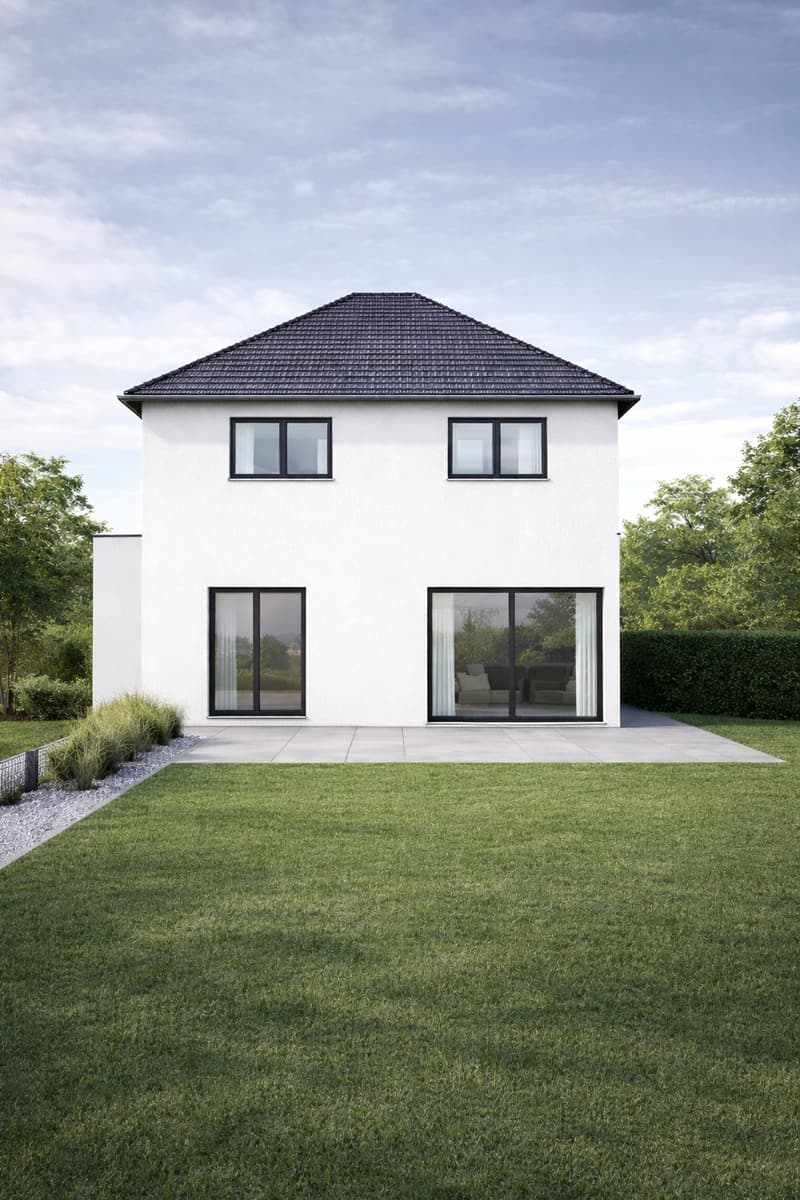 modern, two story house, white exterior, large windows, balcony