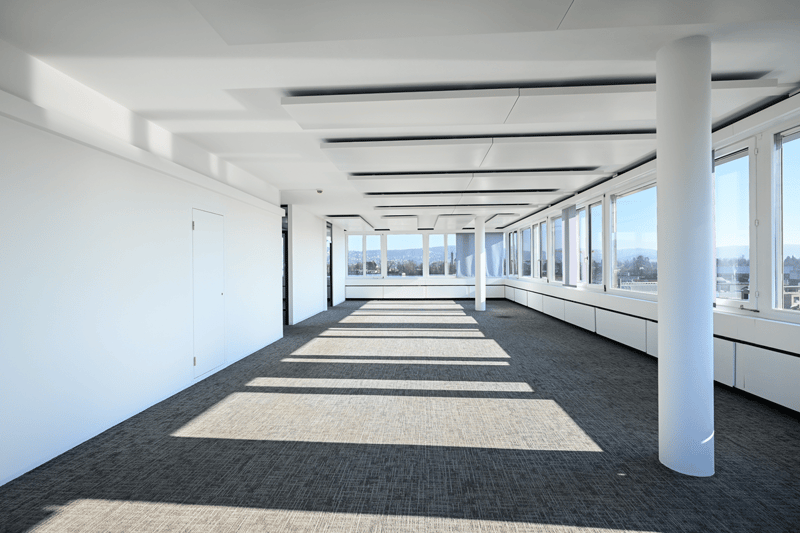 Empty room with white walls, gray carpet, large windows, and a central column