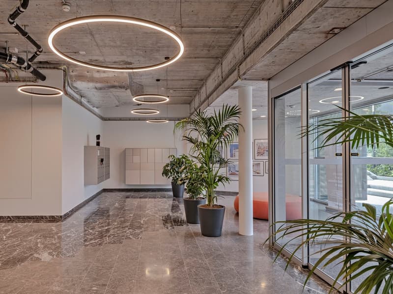 The image shows a modern and stylish office lobby with a concrete ceiling, large circular lighting fixtures, and potted plants. The floor is covered in gray marble tiles, and there is a glass wall that provides a view of the exterior. The lobby has a mini