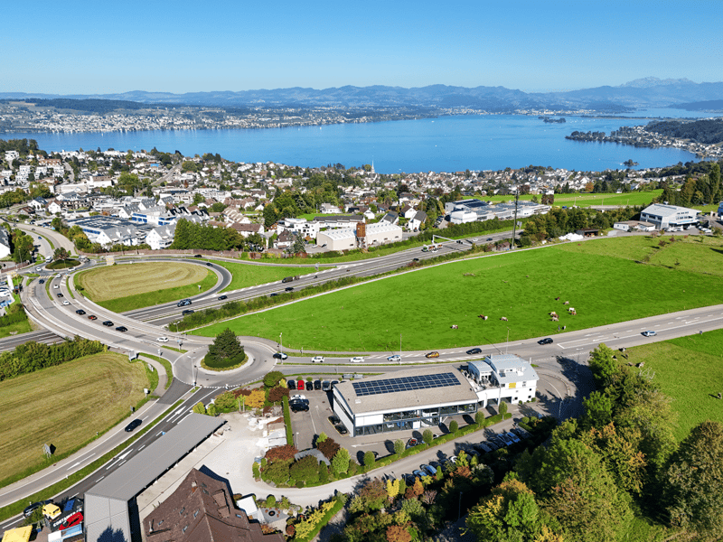 Aerial view of residential area with lake, greenery, cars, houses, and solar panels