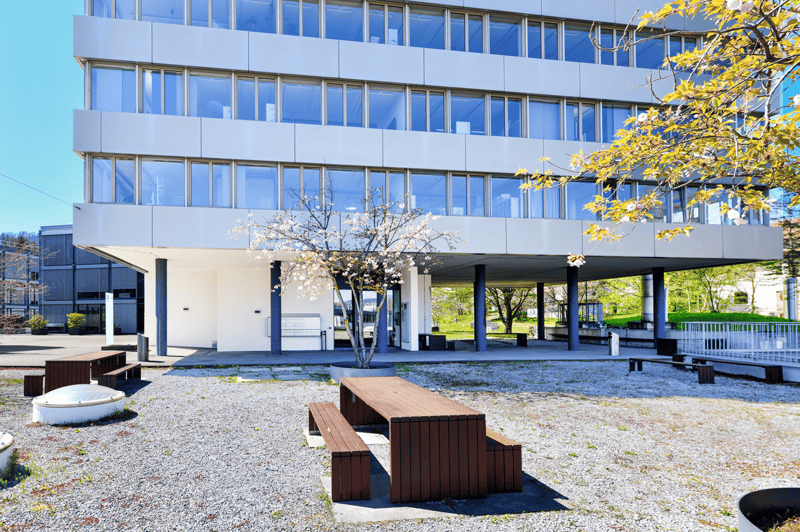 modern building, large windows, white exterior, bench seating area, gravel pathway