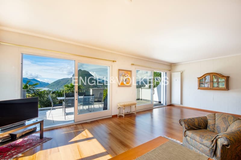 Spacious living room with large windows and sliding glass doors leading to a balcony or terrace, offering a scenic mountain and lake view. The room features hardwood floors, a sofa, and a TV stand. There is also a framed artwork on the wall.