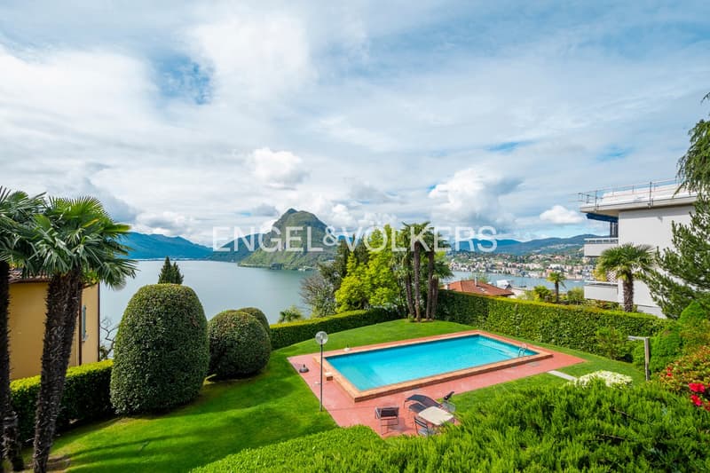 swimming pool, garden, lawn, palm trees, mountain view