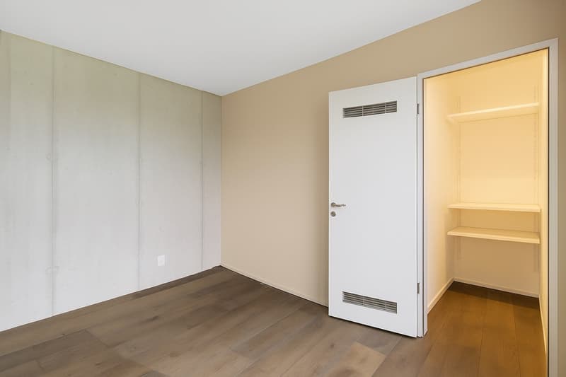 empty room, white walls, wooden floor, an open door, a closet with shelves