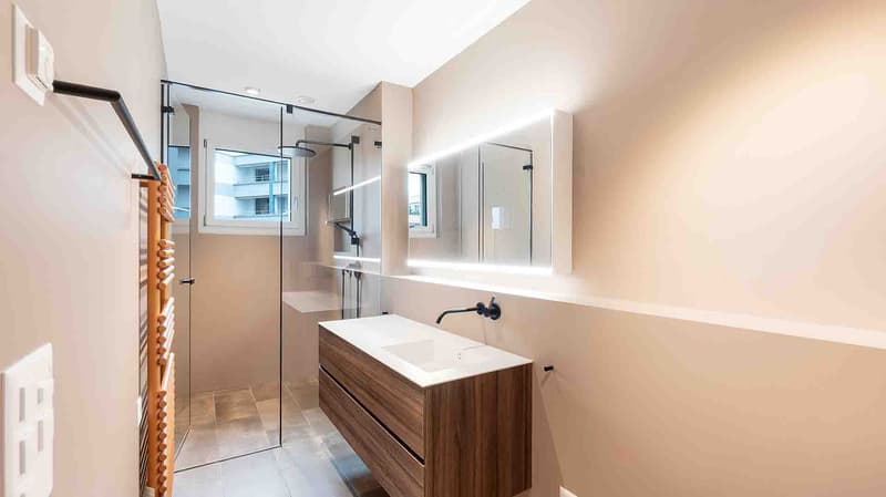 glass shower enclosure, walk-in shower, white sink, vanity with wooden drawers, modern mirror, wall mounted light