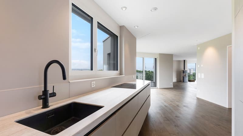 modern kitchen, wooden floor, white countertops, black sink, black faucet, large windows, balcony, view