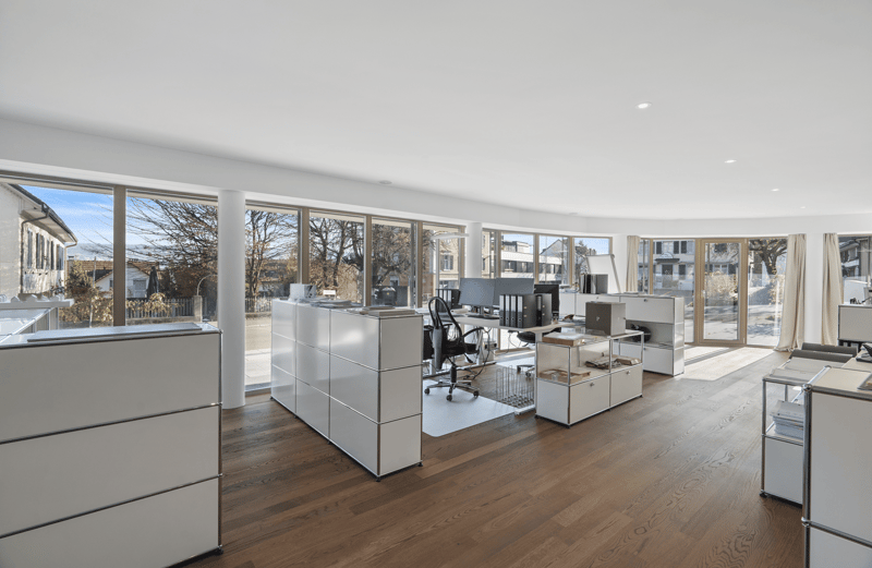Office room, modern design, large windows, wooden floor, office equipment, bright daylight