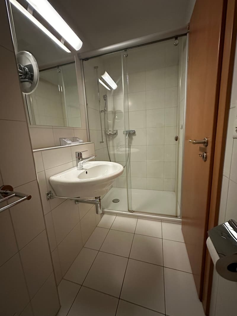 modern shower enclosure, ceramic tiles, silver faucet, white sink, white mirrors, white lighting