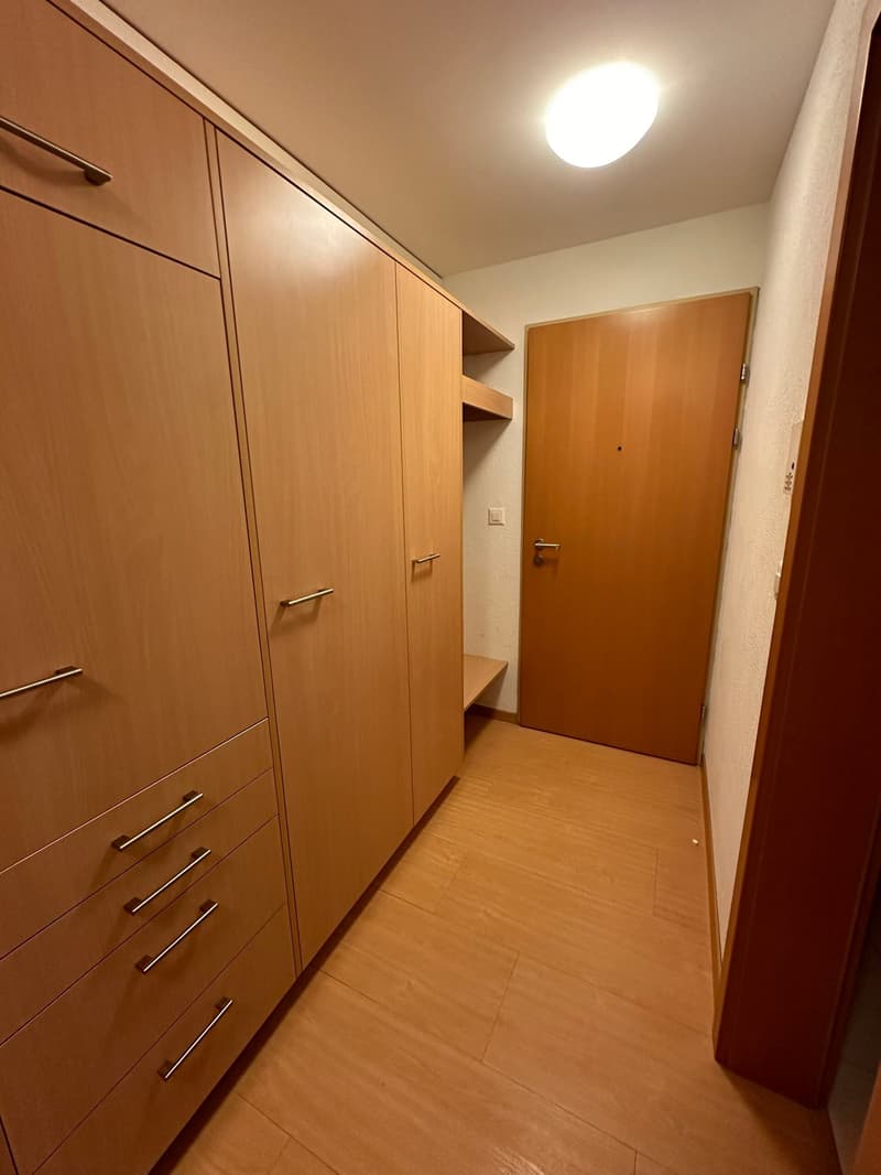 Wooden cabinets, drawers, and shelves, wooden floor, white wall, and a door.