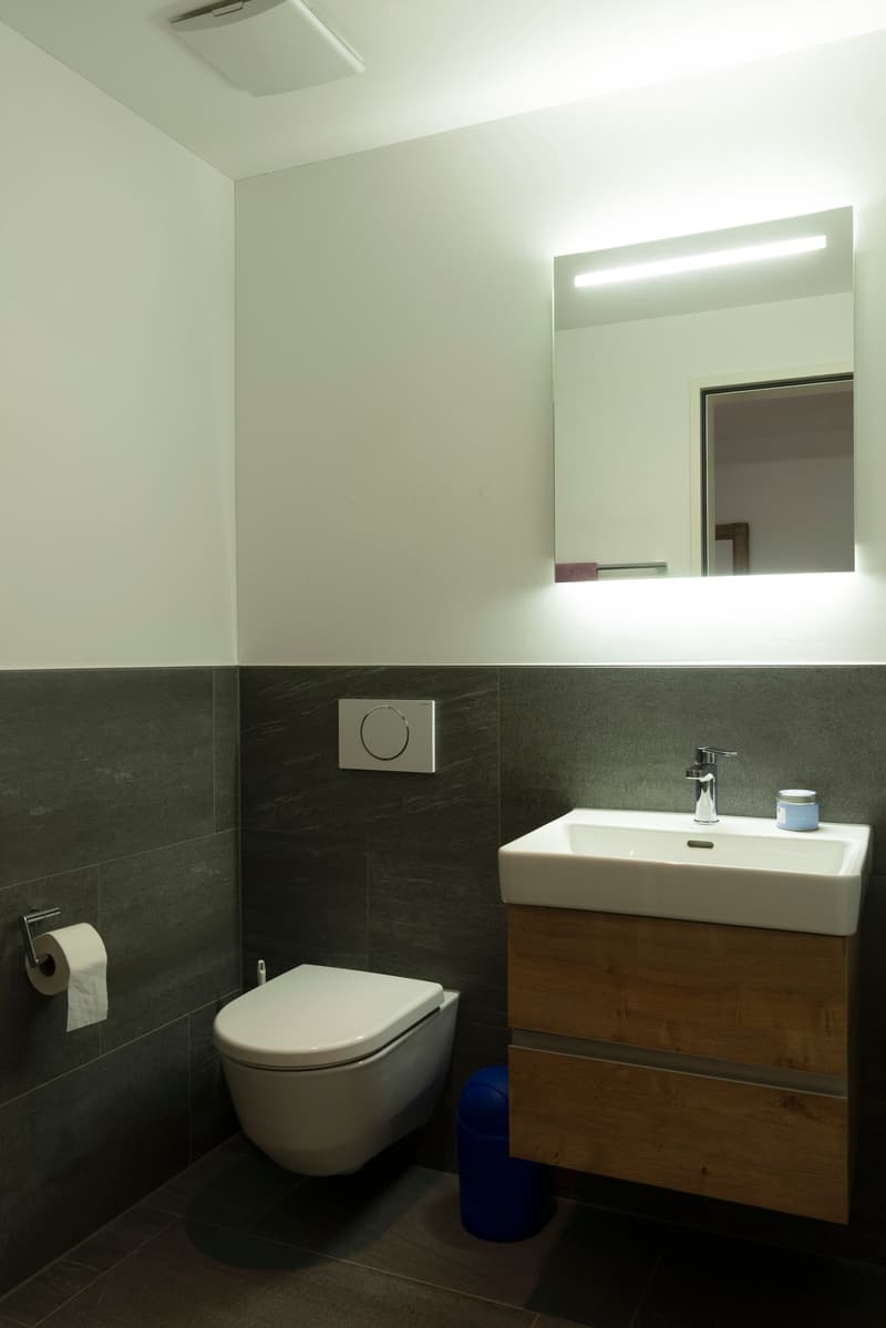 modern bathroom with white toilet, vanity unit, and sink