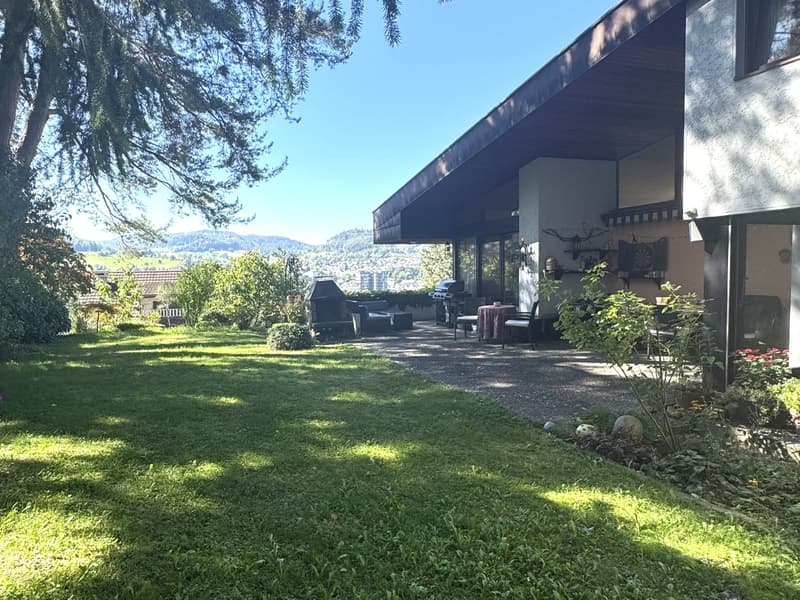well-maintained garden with green lawn, outdoor seating area with table and chairs, barbecue, plants, and trees, mountain view