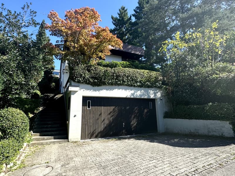 A modern two-story house with a garage, steps leading up to the house, and a green landscape with various plants and trees.