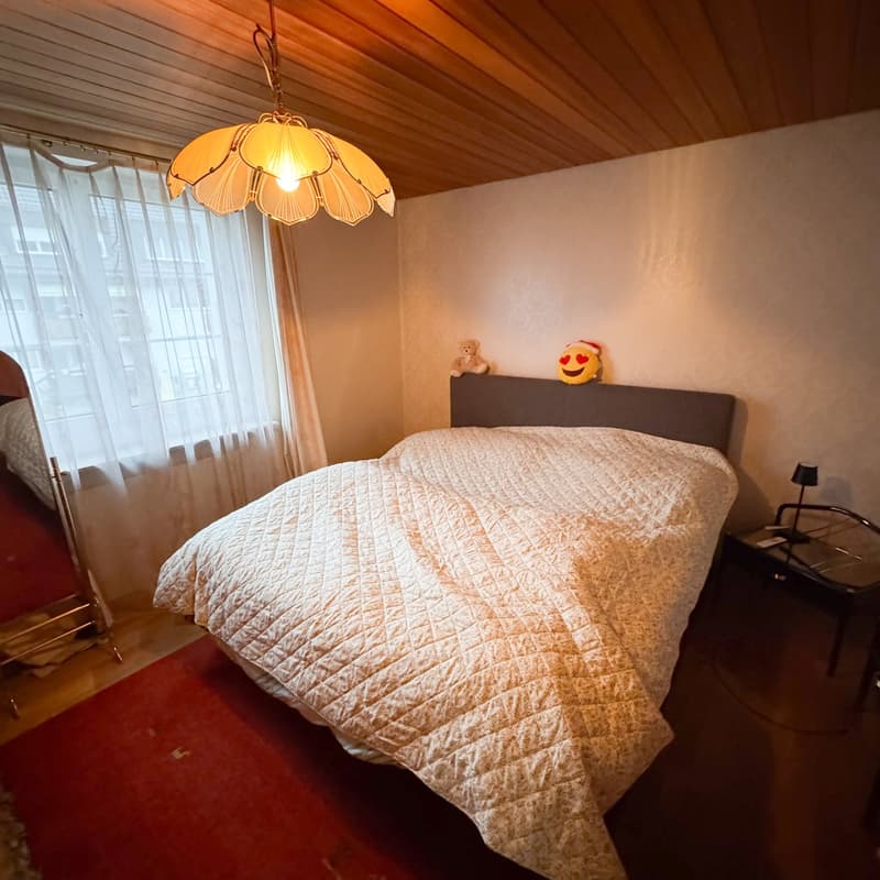 Bedroom: double bed, bedspread, pillow, lamp, night table, lampshade, wall decorations, carpet