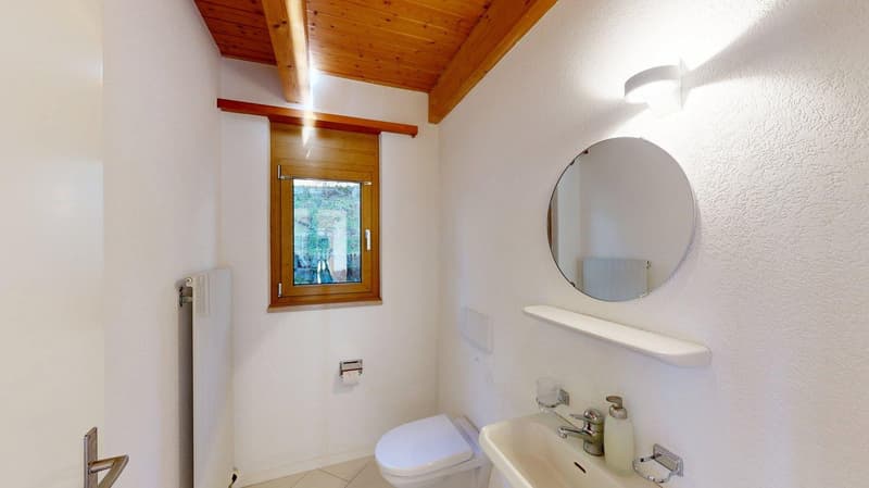 Bathroom with white tiles, white walls, toilet, sink, mirror, window, wooden ceiling, a mounted toilet paper holder and a shower