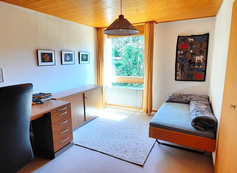 Office with a desk, chair, a bed, a lamp, a carpet, a small window, and a radiator