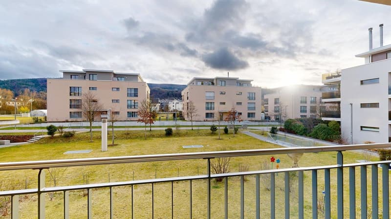 Modern apartment buildings, large balcony, green lawn, trees, street lights, cloudy sky