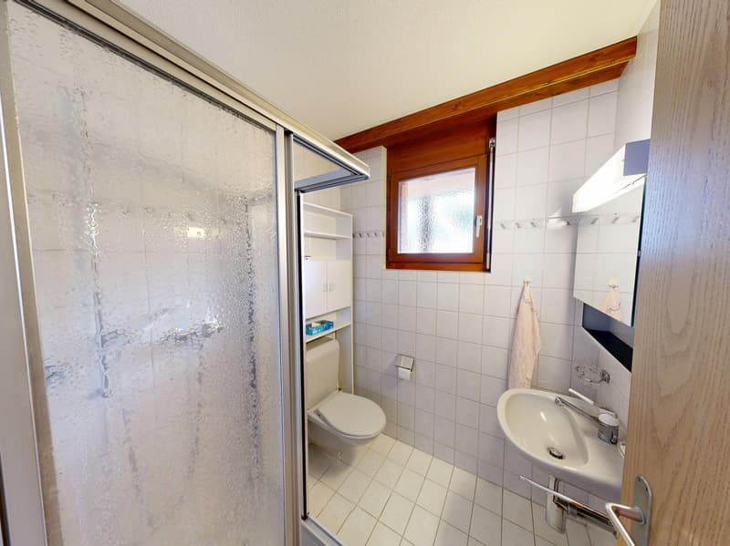 white tiled walls, white tiled floor, glass shower enclosure, white toilet, white sink, wooden window frame, wooden door, towel hanging on the wall