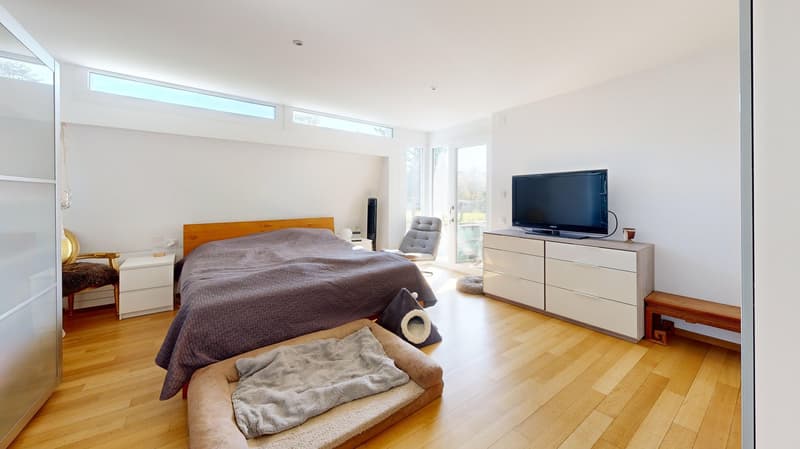 Bedroom with wooden floor, bed, TV, cabinet, chair, and dog bed