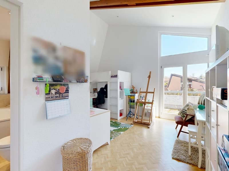 white walls, wooden floor, white furniture, balcony, desk, shelves, calendar, easel, rug, toilet