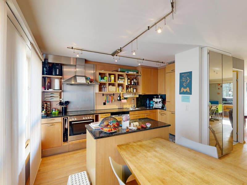 modern kitchen with wooden cabinets, granite countertop, stainless steel appliances, open shelving, island with breakfast nook, pendant lighting