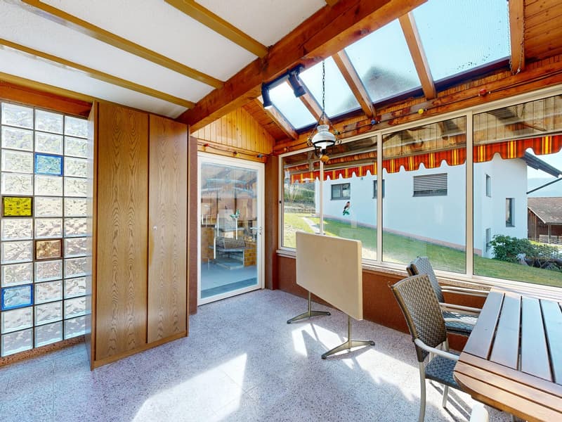 wooden ceiling, glass wall, wooden table, chairs, glass door, skylight