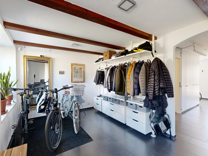 Storage room with bicycles, clothes rack, and storage boxes