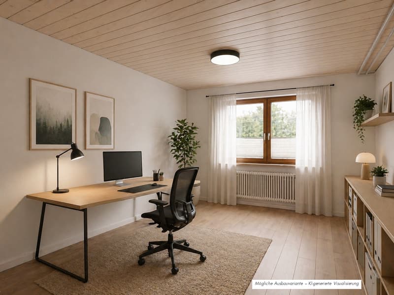 A room with a desk, chair, monitor, lamp, and plants. The room has a wooden floor and white walls. There is a bookshelf with books and a ceiling light.