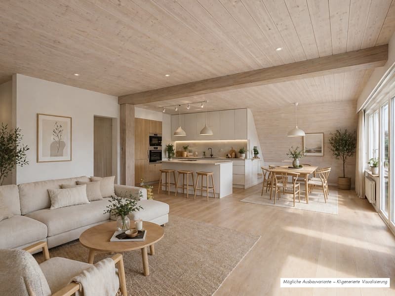 Open-plan living and dining area with wooden flooring, white walls, and wooden ceiling beams. A beige couch with pillows, a coffee table, and a rug. A dining table with chairs and bar stools. A kitchen with a countertop, cabinets, and appliances.