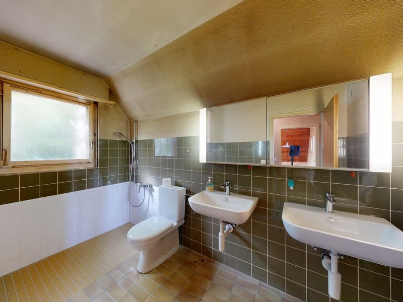 Bathroom with green and white tiles, a toilet, two sinks, and a shower head.