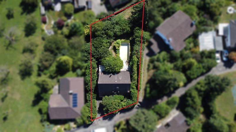 2 story house with a black roof, surrounded by lush greenery and trees