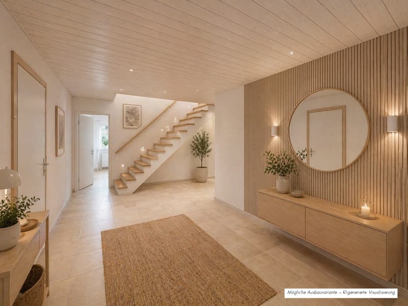 A hallway with a wooden ceiling, tiled floor, and a staircase. There is a rug, a plant, and a lamp on the left side. On the right side, there is a mirror, a plant in a vase, and a console table with a bowl and a candle. There is a picture frame on the wal
