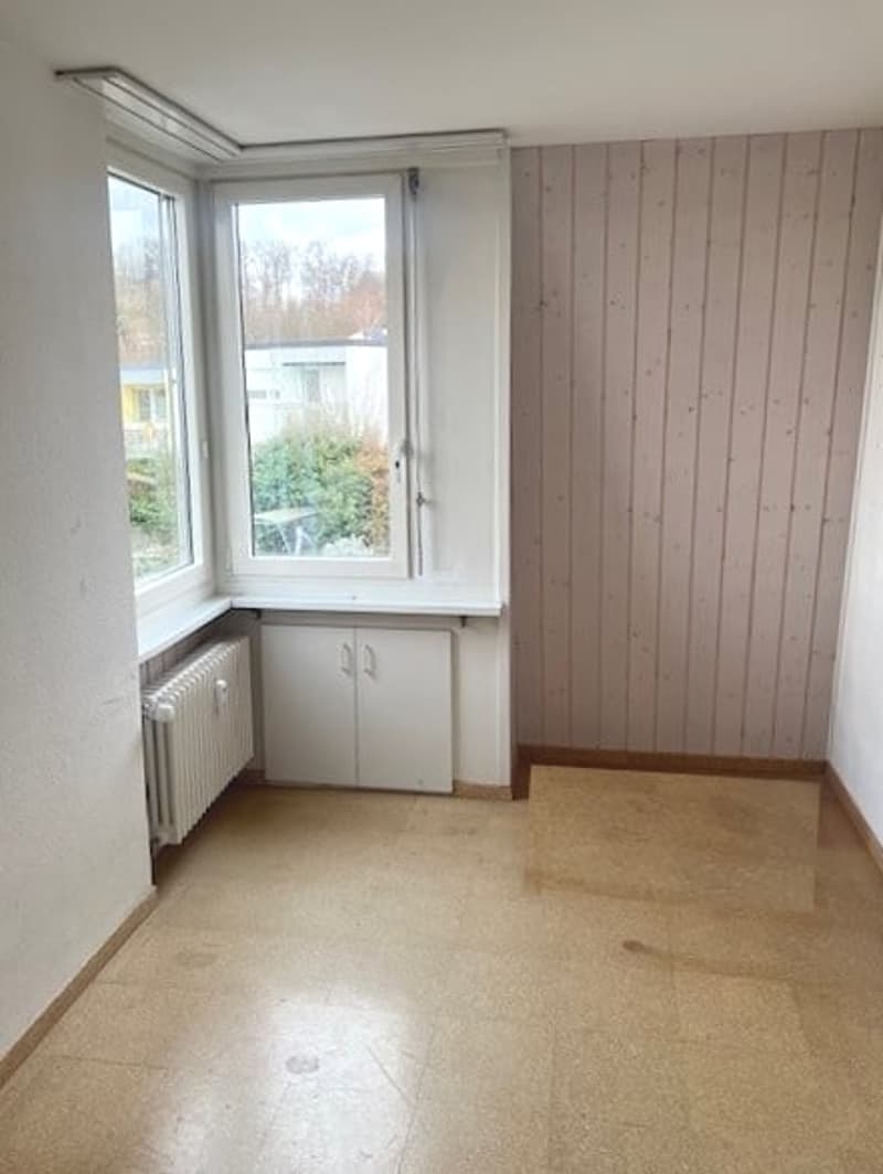 empty room, windows, wooden wall, radiator, wooden floor