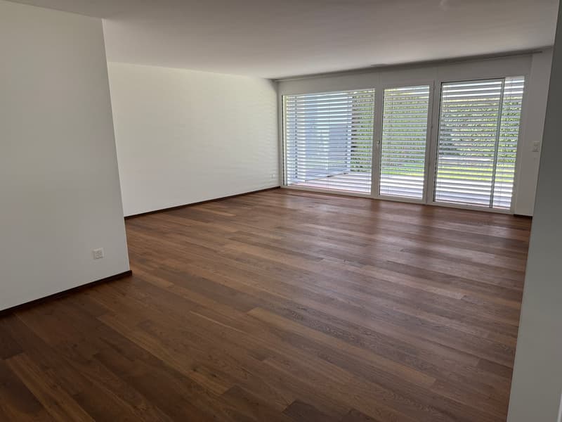 Wohnzimmer mit Sicht auf Terrasse und Garten - Grosse Markise.