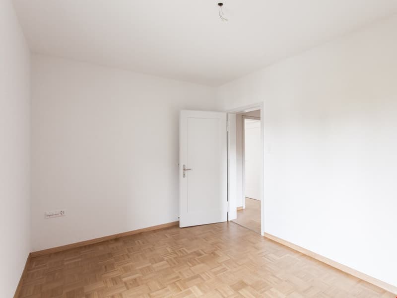 empty room, white walls, wooden floors, white doors, no furniture