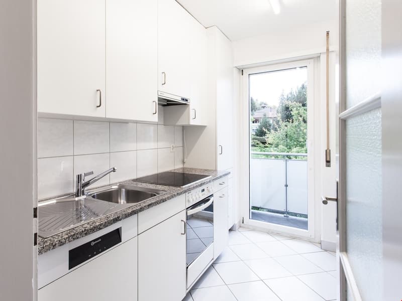 modern kitchen with white cabinets, granite countertop, dishwasher, induction cooktop, oven, and sink with faucet. Access to a balcony.