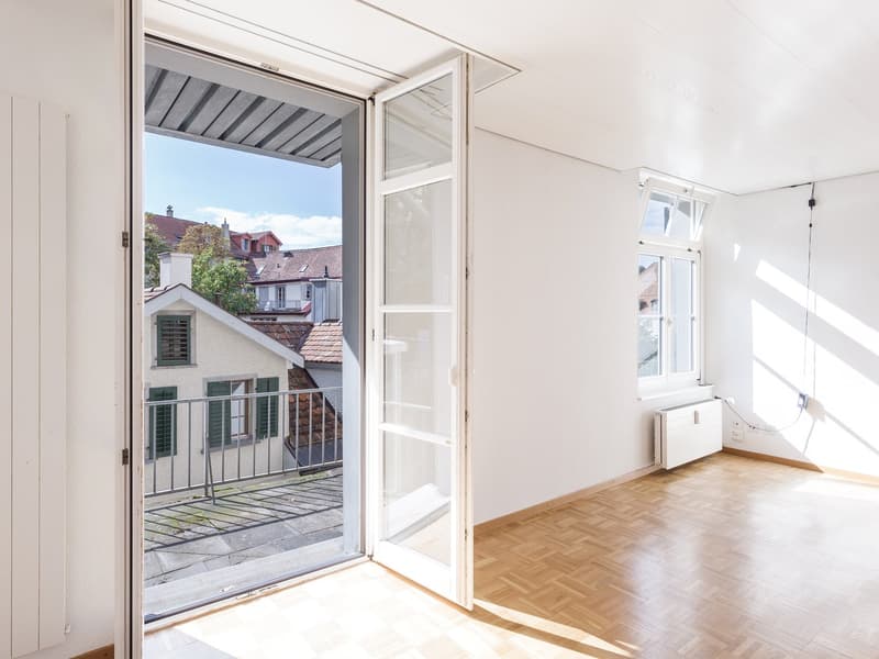 wooden floor, white walls, glass doors, balcony with railing, radiator