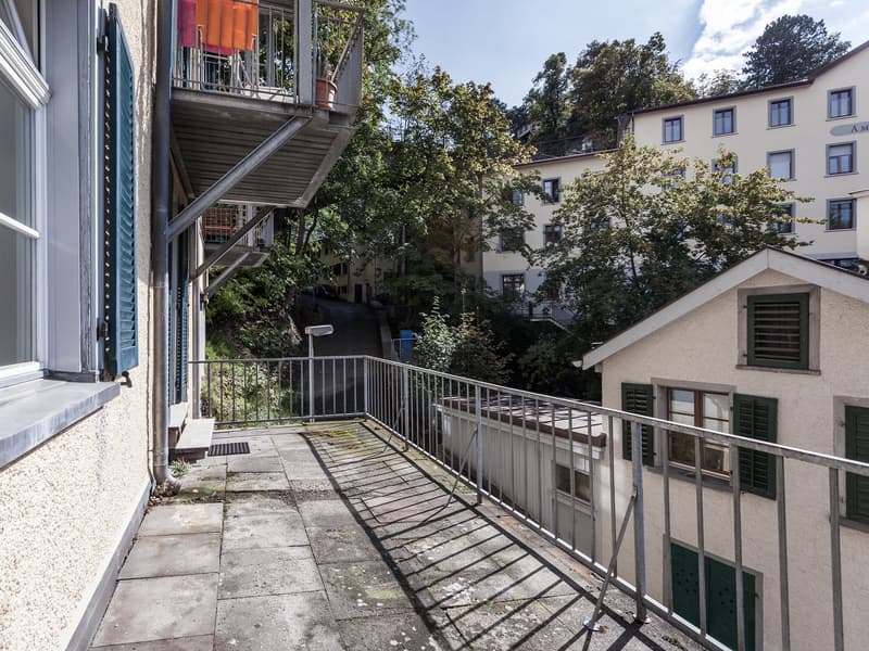 Outdoor balcony with metal railings, shaded by tree vegetation, adjacent building visible